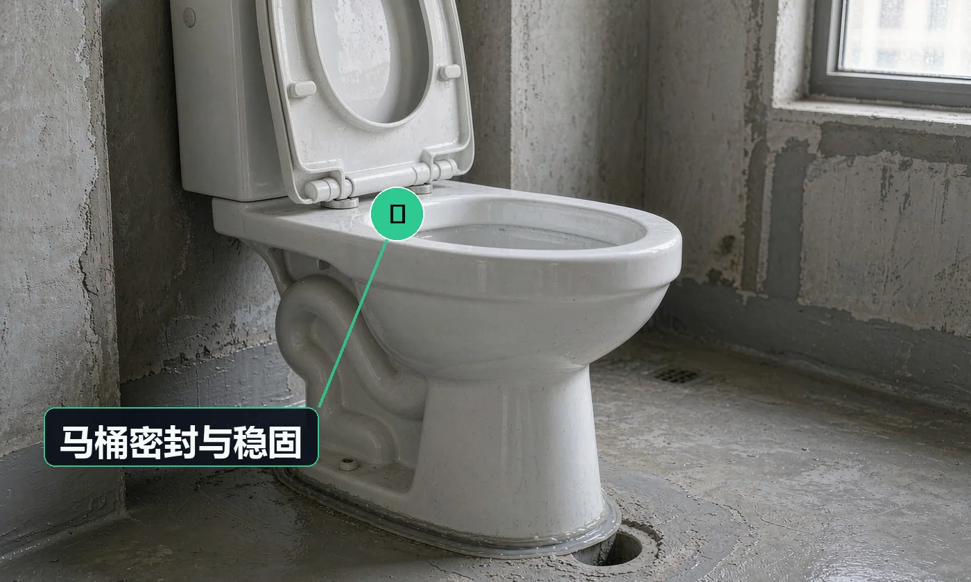 检查方式:目视 + 手扳 + 连续冲水 10 次观察。合格标准:法兰密封到位、底座无晃动、打胶均匀无空隙、周边无渗水