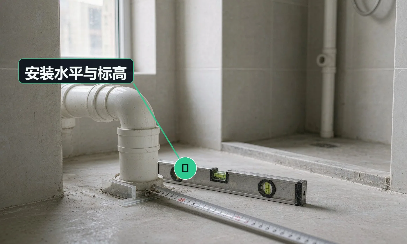 检查方式:水平尺 + 卷尺。合格标准:水平度与安装高度符合说明书与规范要求