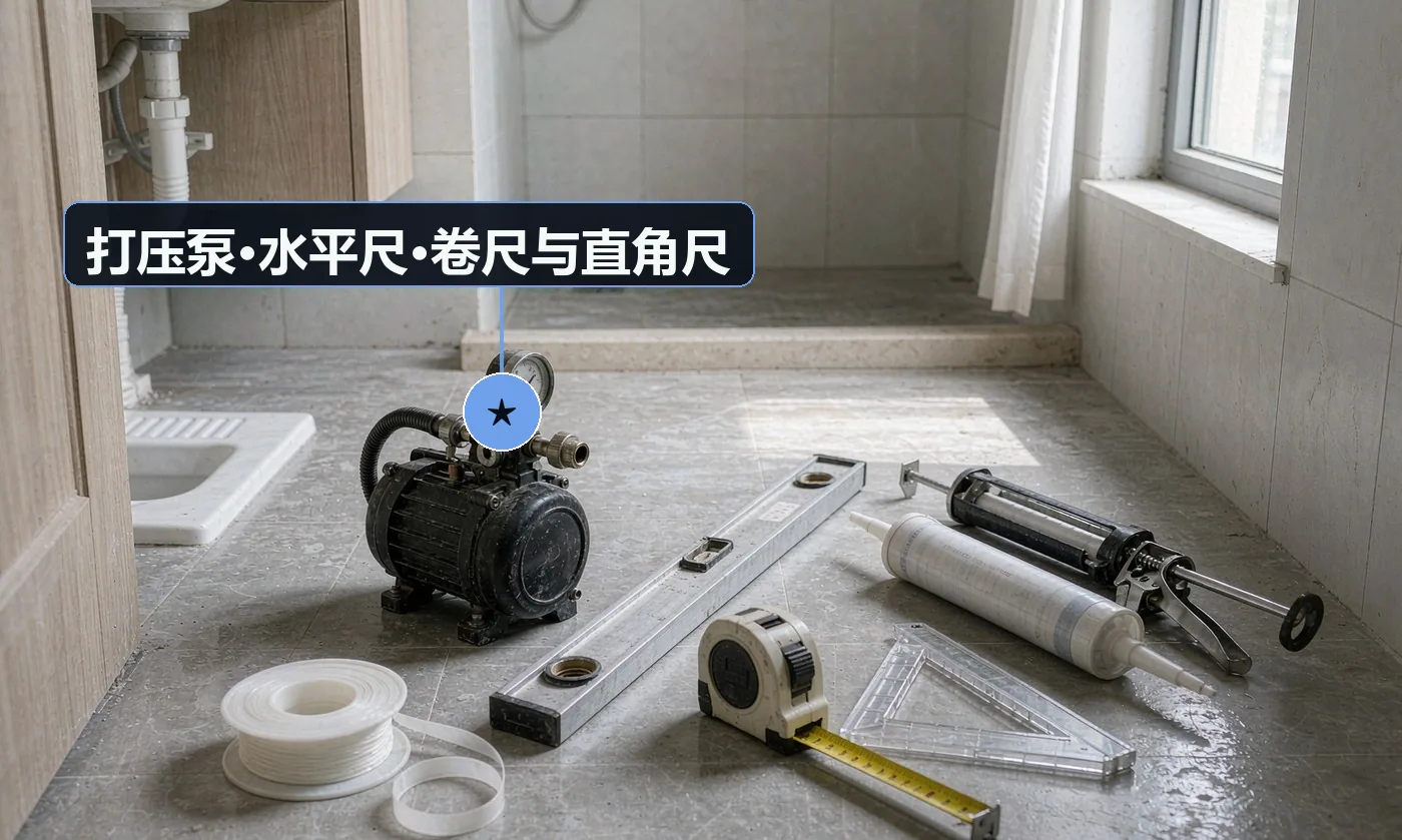 验收工具:打压泵;水平尺