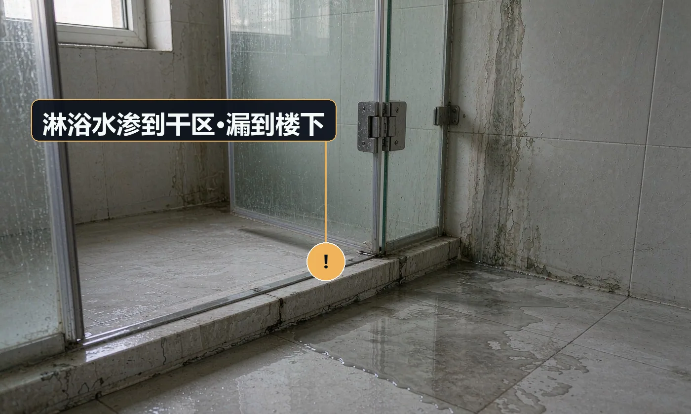 现象:洗完澡干区地面是湿的,或楼下天花板出现水印。原因:挡水条未做或高度不足;打胶不严;地面未做找坡;防水层未做或闭水未过