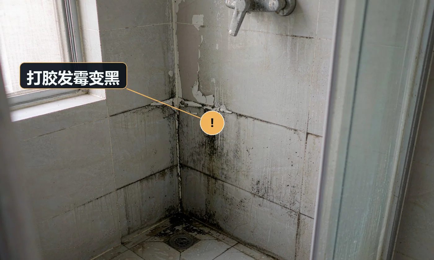 现象:淋浴房边缘胶缝一两个月就发黑发霉。原因:使用普通玻璃胶;打胶前基层潮湿;通风不良长期积水