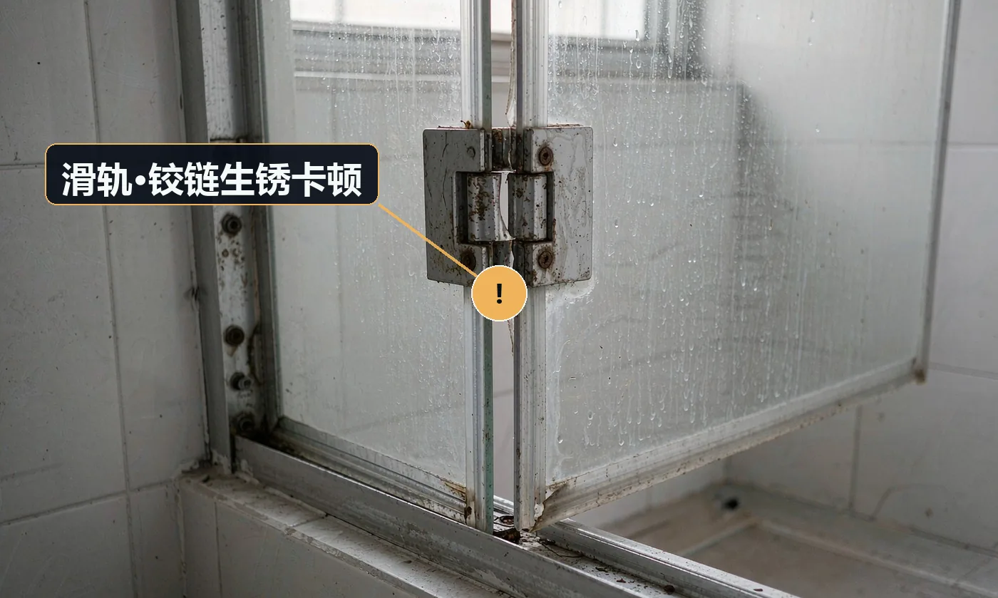 现象:推拉门用一段时间后卡顿、有锈迹。原因:五金非不锈钢;长期处于潮湿环境未做防护