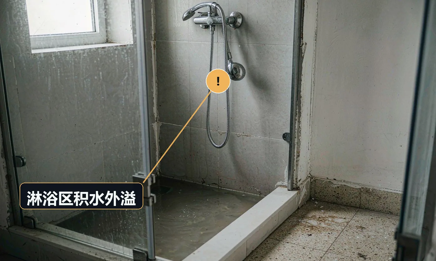 现象:洗澡时地面积水漫出淋浴区。原因:地漏坡度不足或被挡水条挡在外侧;地漏流量小于花洒流量