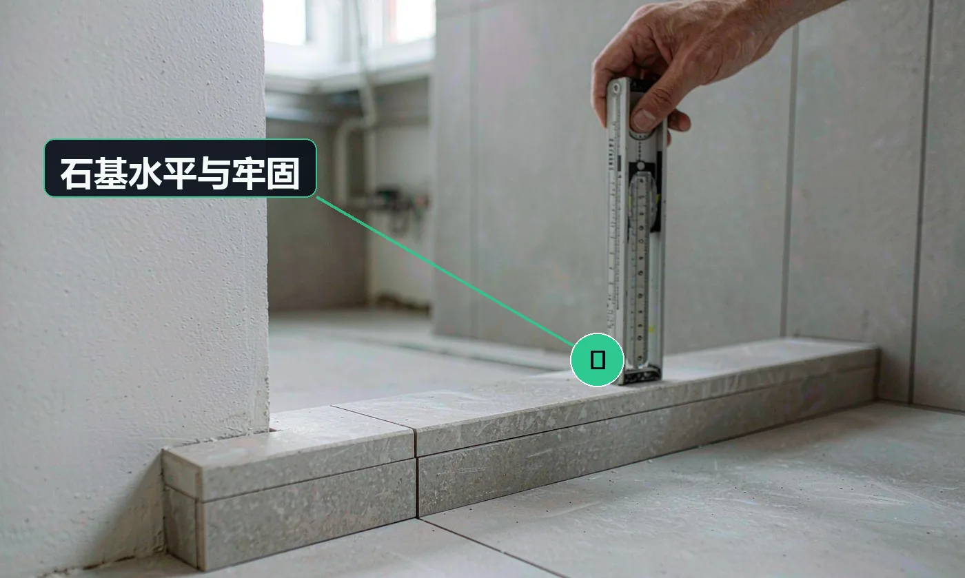 检查方式:水平尺 + 手敲检查空鼓。合格标准:石基水平、无空鼓、与地面固定良好