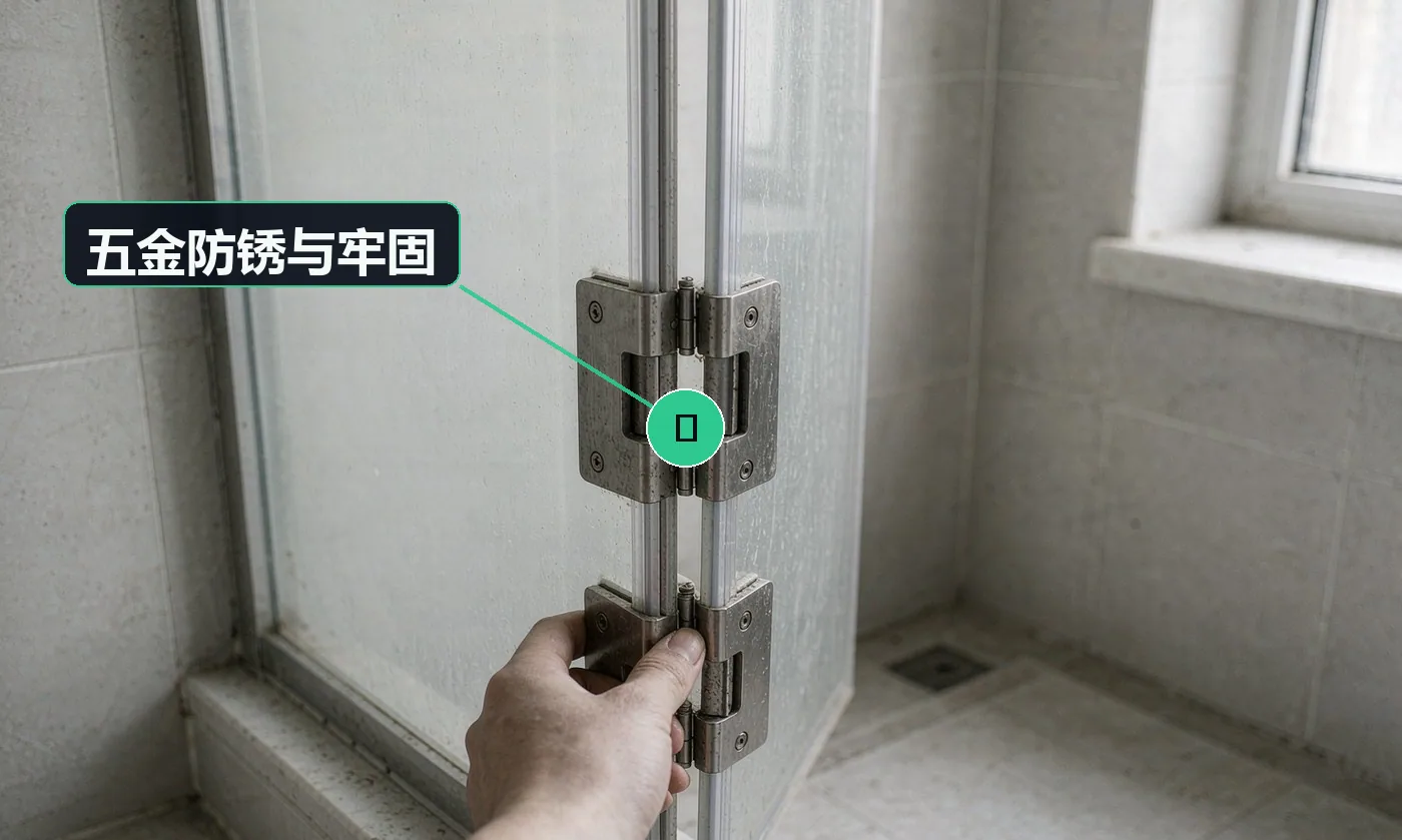 检查方式:目视 + 手扳。合格标准:五金为 304 不锈钢或防锈处理,无松动、无锈迹