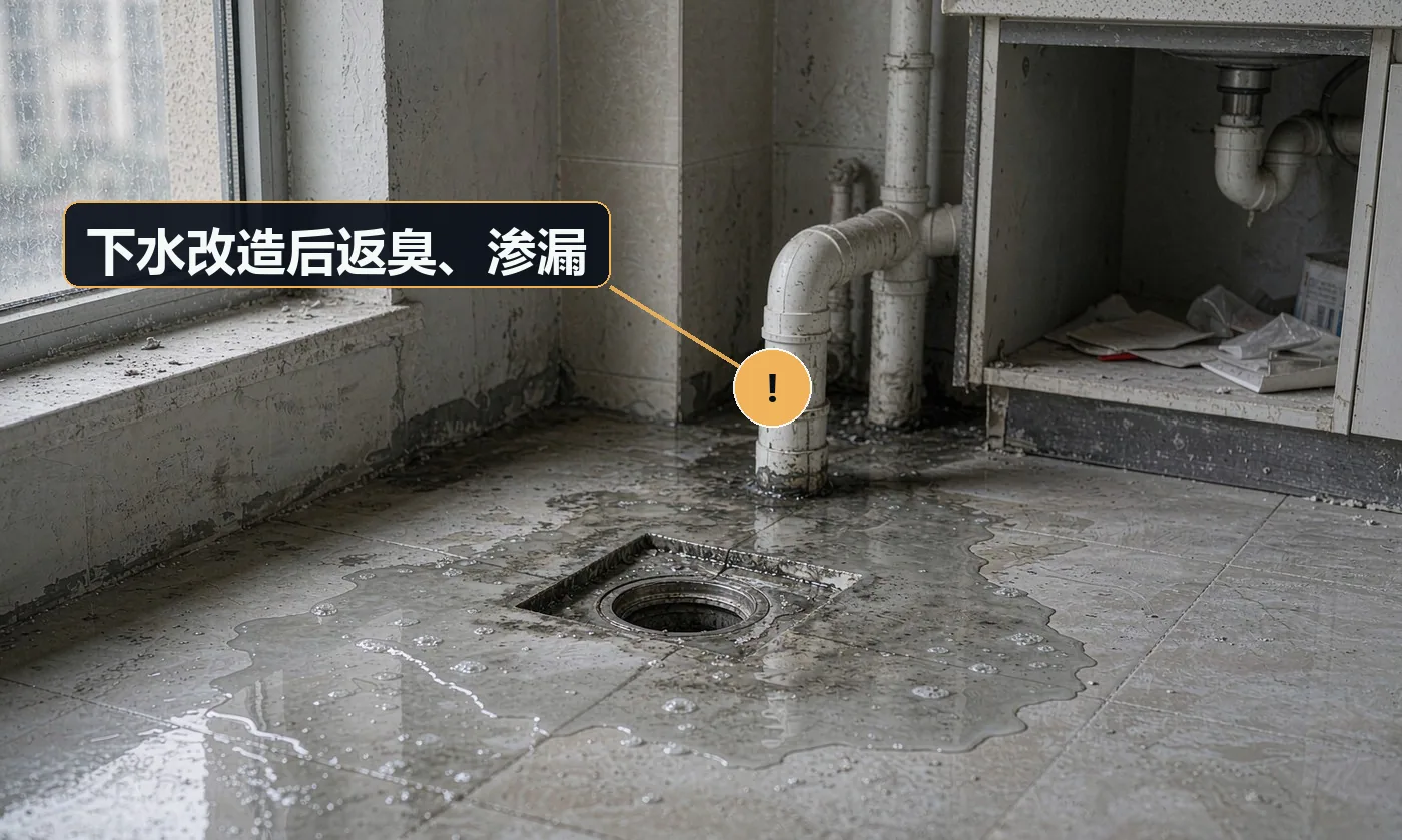 现象:厨房水槽下有异味,或柜体底部渗水发霉。原因:排水管未做存水弯;接口未密封;管道坡度不足;拆改时碰伤原有接口