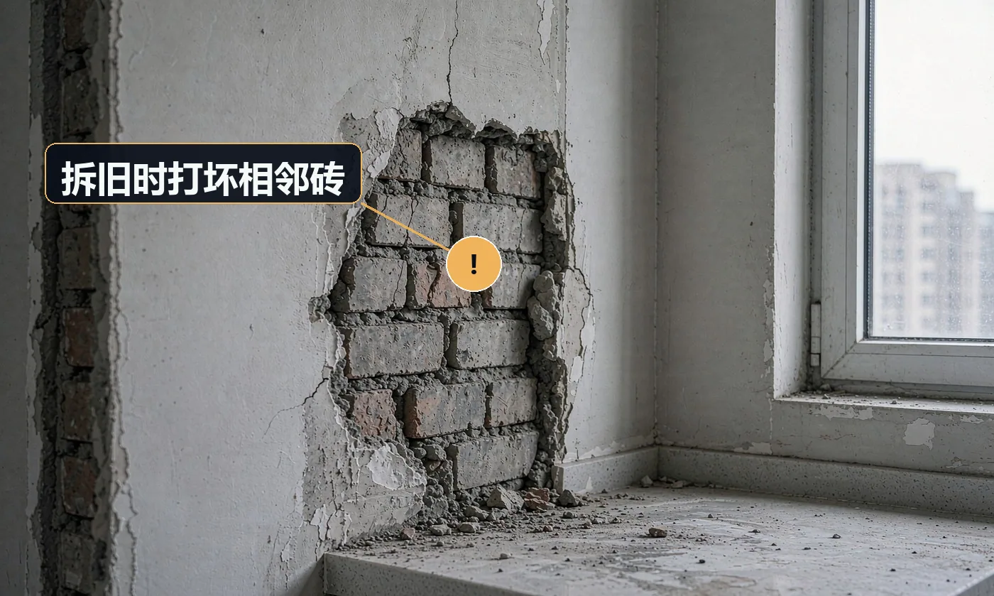 现象:拆两块砖的结果是崩掉旁边一圈的边角。原因:未先切割出边界;用大功率电锤直接凿;旧砖本身局部空鼓