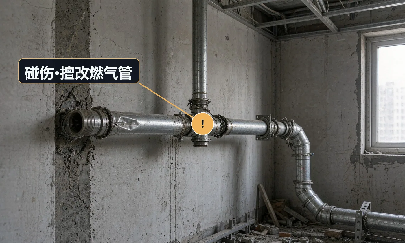 现象:施工后闻到燃气味,或燃气公司验收不合格。原因:施工中碰撞燃气管;私自改动燃气管道位置