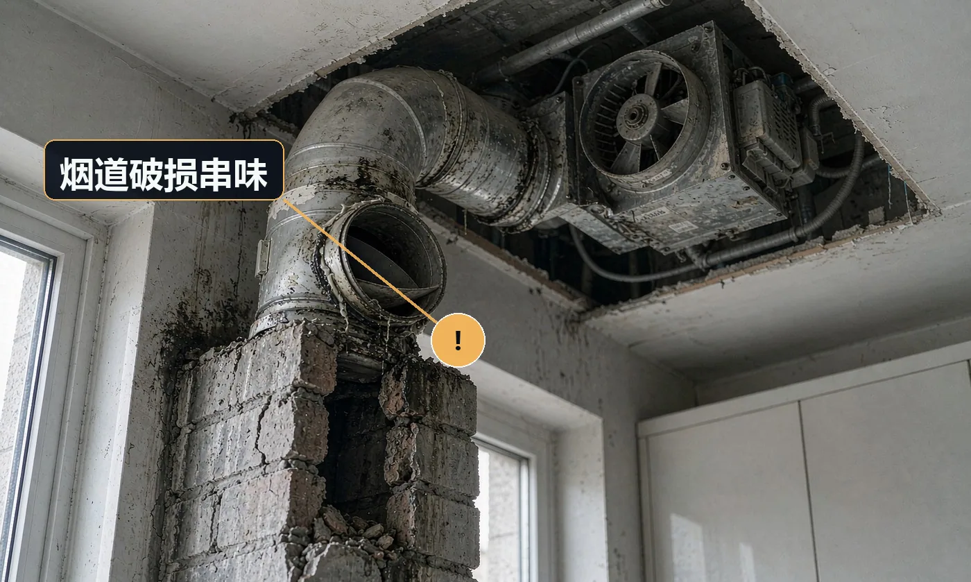 现象:楼下炒菜的油烟味从烟道口进来。原因:拆改时破坏烟道壁;烟道口未装止逆阀或密封不严