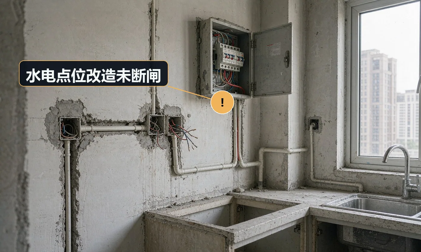 现象:施工中触电或造成短路跳闸。原因:未断电断水即作业;未挂牌警示