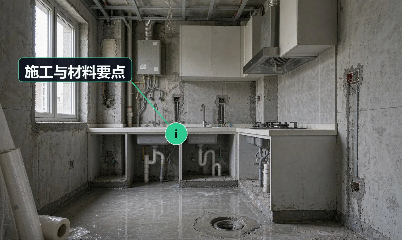 施工与材料要点:厨房零星最怕「改一半」——水、电、气要一次想清楚,分次做必返工;局部改比整体改更依赖经验,因为没有图纸只能靠现场判断