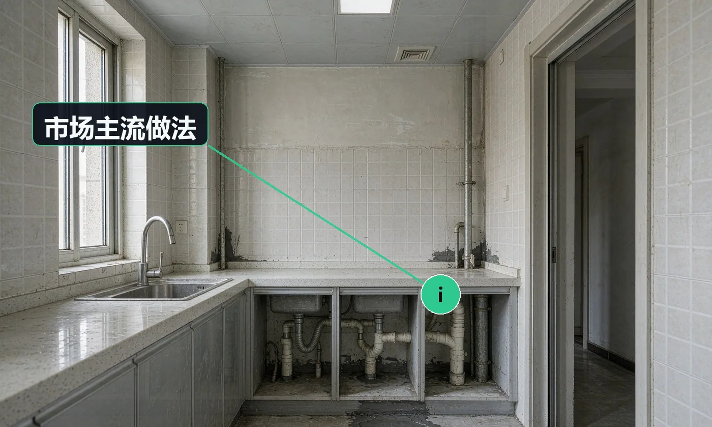 市场主流做法:老厨房的下水与防水是刚需,改造意愿明确;预算敏感,客户倾向「能不拆就不拆」,需要专业说服力