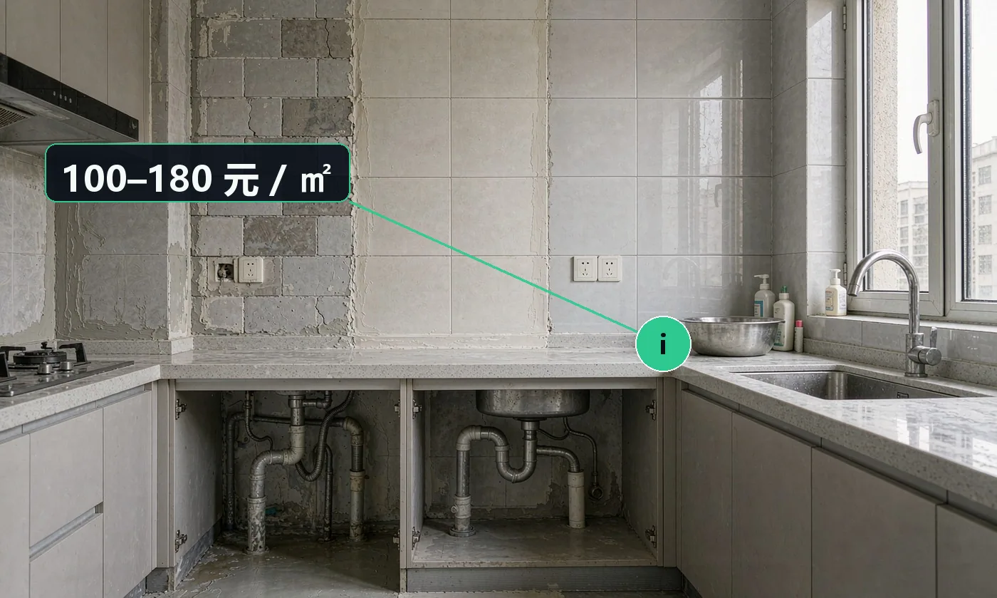 价格区间:局部防水 100–180 元 / ㎡;墙面补砖 150–400 元 / ㎡;下水改造 300–1200 元 / 项;点位移位 150–400 元 / 项