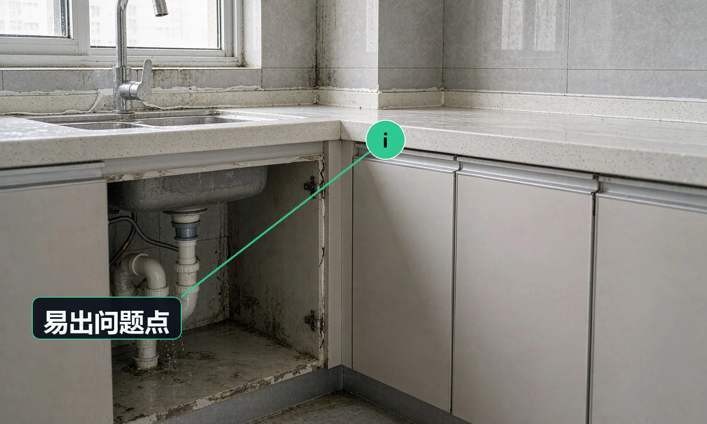 易出问题点:改完下水返味,客户天天投诉;防水与橱柜收口不严,水渗到柜体里发霉