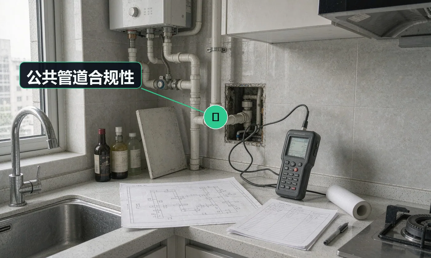检查方式:图纸核对 + 物业确认。合格标准:未私自改动公共立管;涉及报批的已取得批准