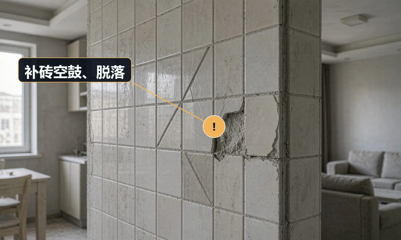 现象:补完后敲起来空空响,或几个月后翘起脱落。原因:旧砖背面残留砂浆未清理;用普通水泥砂浆而非瓷砖胶;基层未清理浮灰