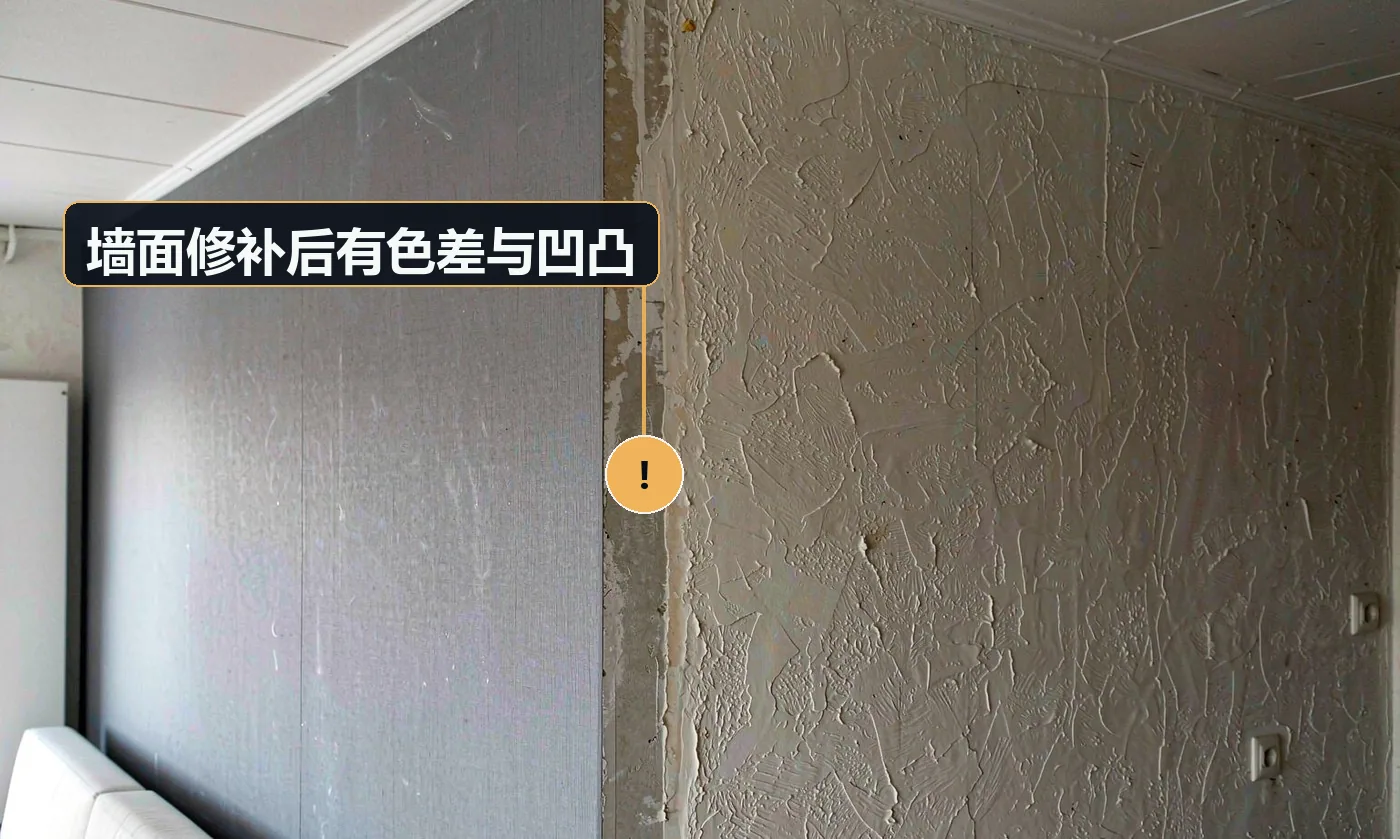 现象:修补过的地方在侧光下能看出一个「补丁」。原因:腻子未按原厚度分层补;打磨不到位;面漆色号或光泽与原墙不同