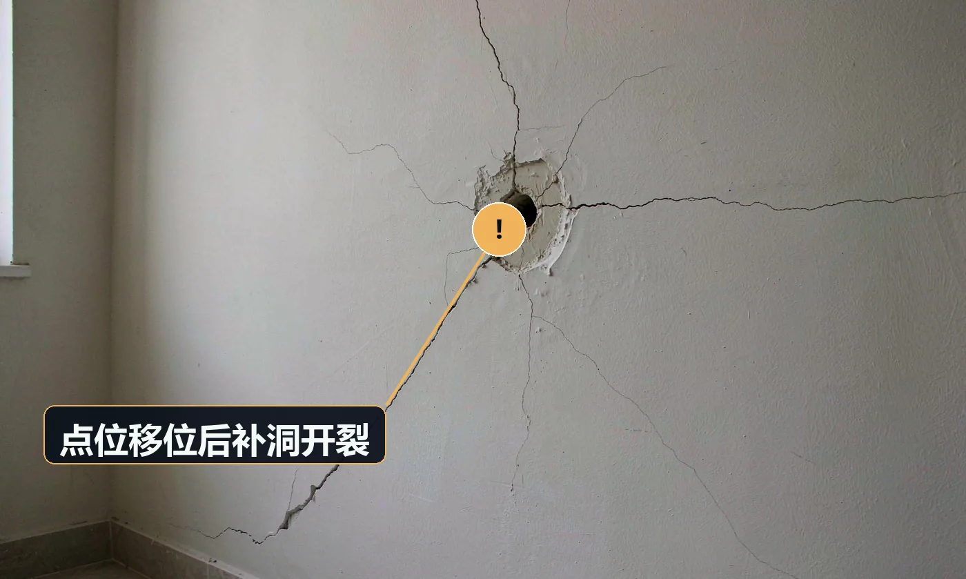 现象:插座移位封堵的洞过一段时间出现裂缝。原因:开槽或孔洞未用嵌缝材料与网带处理;直接用腻子填平