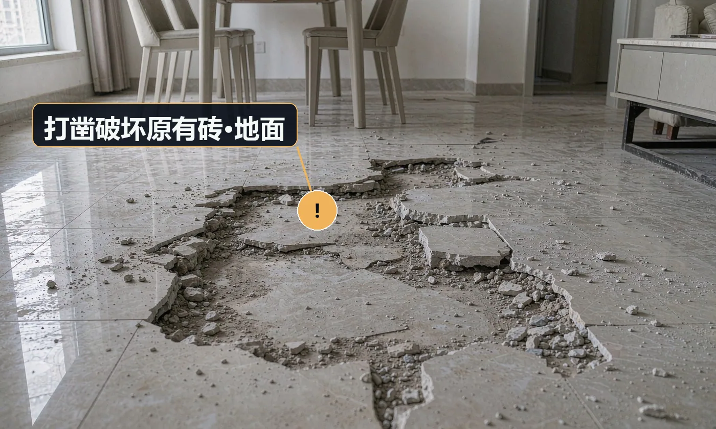 现象:施工中砸裂了不该动的砖,或掉落的砖块砸伤地板。原因:未做成品保护;未铺设保护板;工具掉落