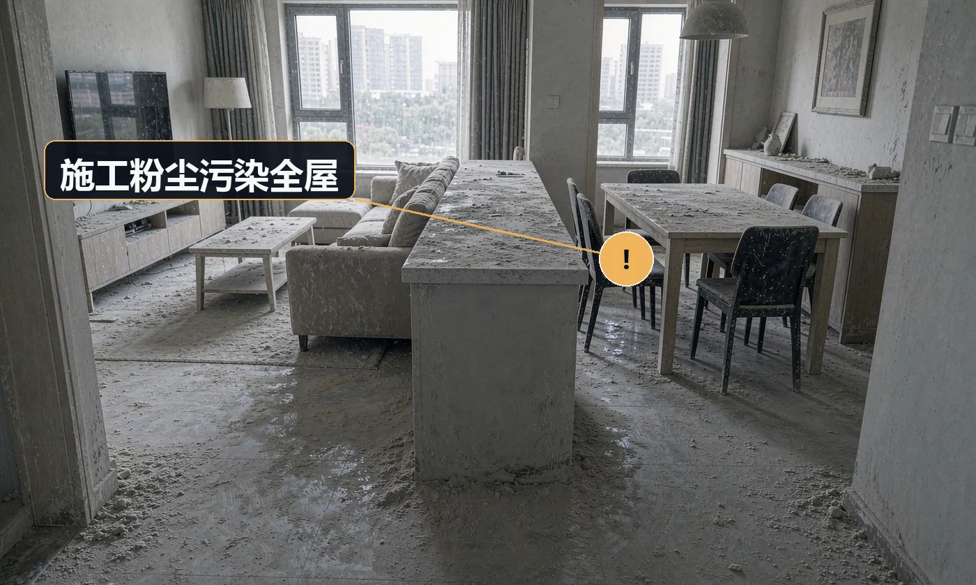现象:切砖打磨的白灰飘满客厅、卧室,家具上全是灰。原因:未做区域隔离;未用带水切割或集尘设备