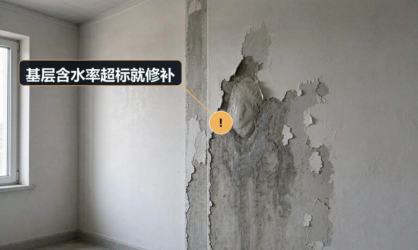现象:修补完后出现起鼓、返潮、泛碱。原因:未测基层含水率;有渗水源未查明