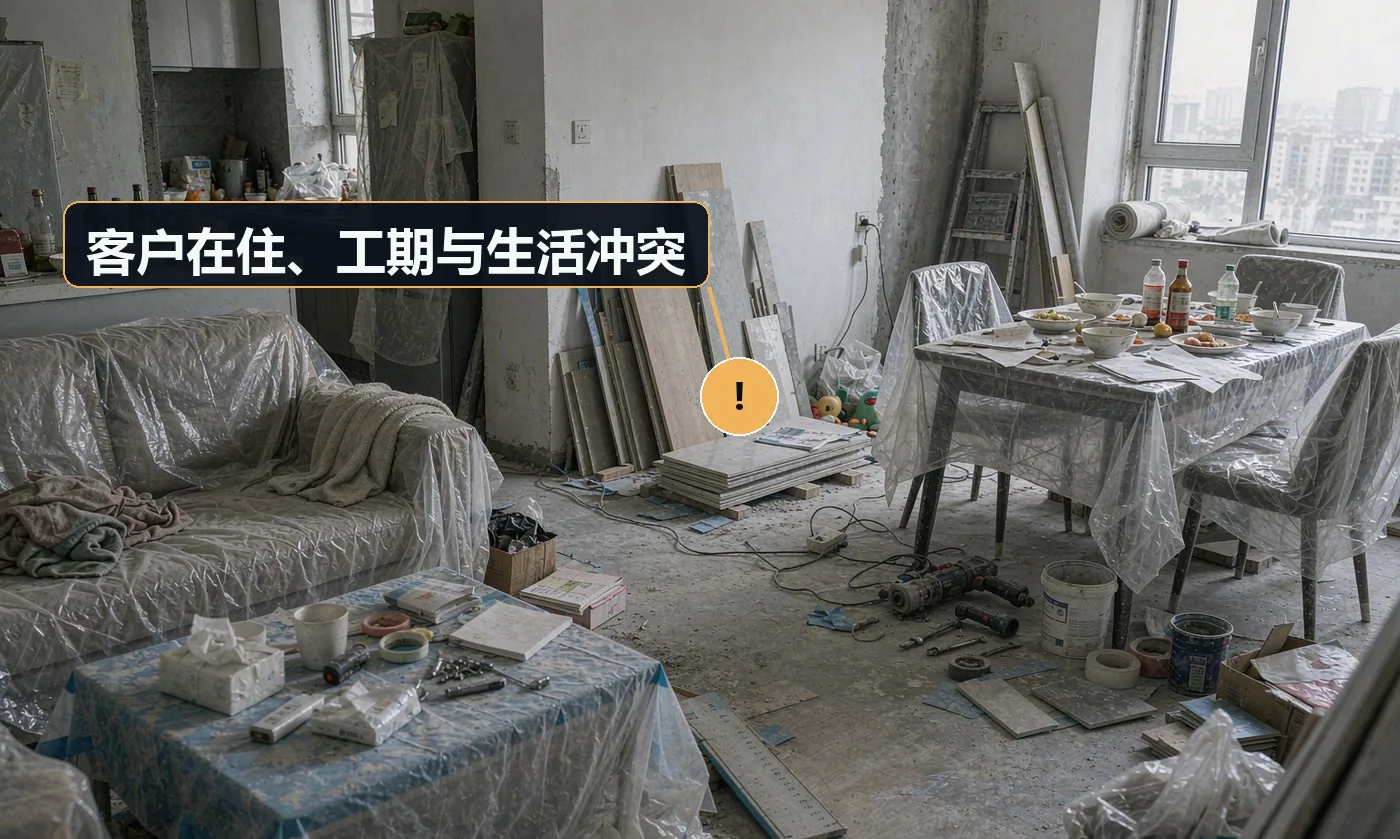 现象:施工期间客户无法正常生活,投诉不断,甚至中途叫停。原因:未提前告知工期与影响范围;未安排分区施工;收尾时间拖沓
