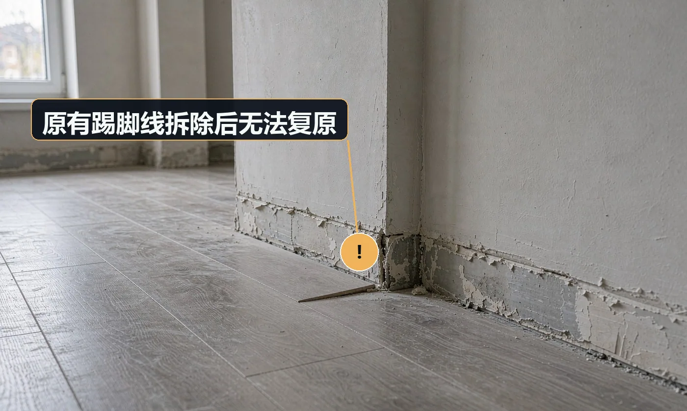 现象:拆掉踢脚线后发现同款买不到,只能整圈换。原因:未提前确认踢脚线是否还能采购到同款