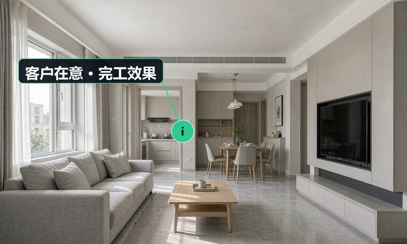 客户在意 · 完工效果:几天能做完,家里还能不能正常住;灰大不大,家具和地板会不会被弄脏