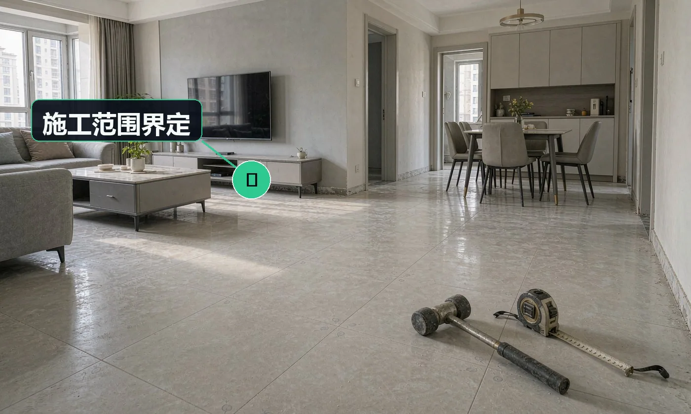 检查方式:空鼓锤全区域敲击 + 拍照标注。合格标准:范围与客户共同确认并签字,超出部分重新报价确认