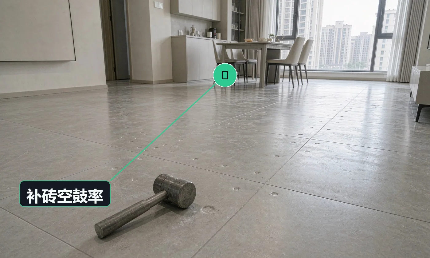 检查方式:空鼓锤逐块敲击。合格标准:修补区域内空鼓率为 0(符合 GB 50209-2010 主控项目)
