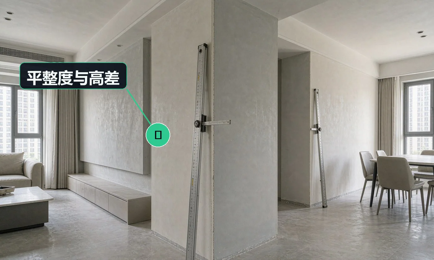 检查方式:2m 靠尺 + 塞尺。合格标准:修补面与原有面层高差 ≤1mm,平整度符合规范允许偏差