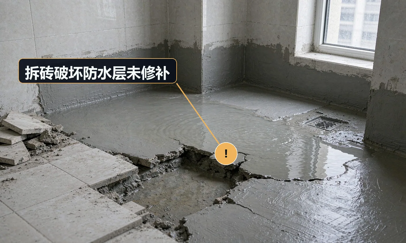 现象:只换几块砖,之后长期渗水,破坏点被饰面盖住找不到。原因:拆砖时铲到防水层,未当场修补;破坏点被新砖覆盖