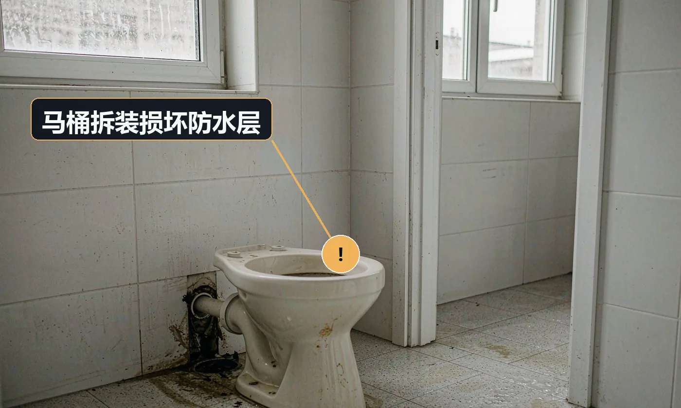 现象:马桶周围地面渗水,或楼下对应位置渗水。原因:拆装马桶时破坏地面防水;法兰圈未更换;底座密封不严