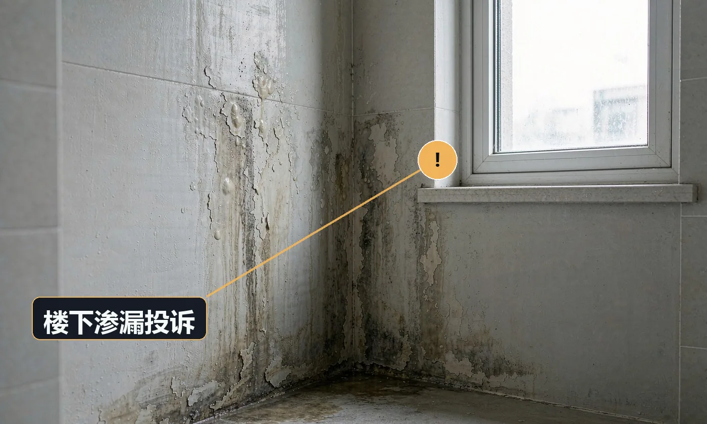 现象:楼下邻居上门投诉,要求赔偿并要求停止施工。原因:防水失效且发现过晚;未与楼下及时沟通