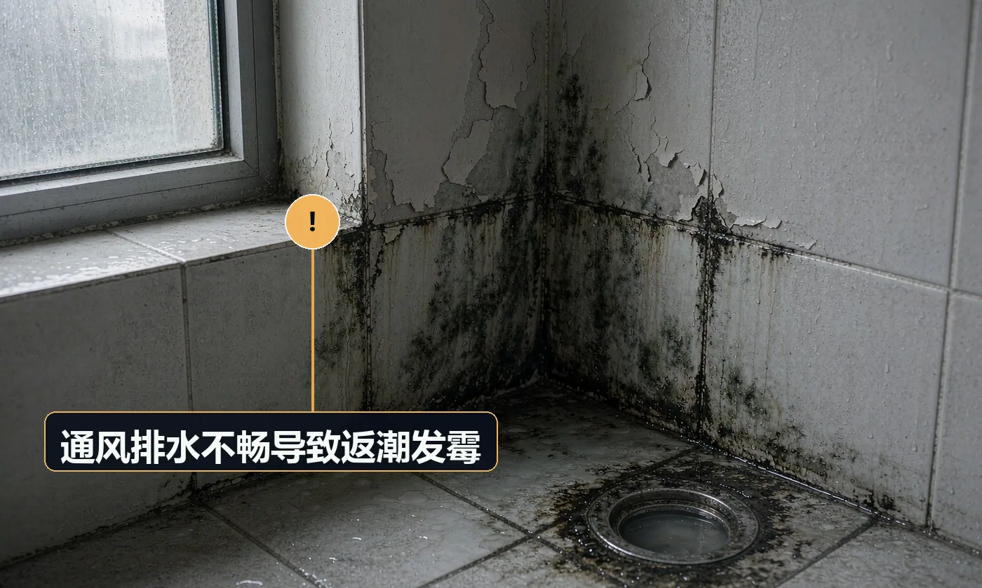 现象:施工后卫生间长期潮湿,墙角发霉。原因:排风不畅;未做干湿分离;地面找坡不合理