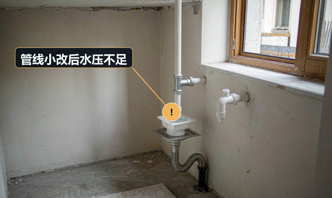 现象:改完后花洒出水变小,冷水热水不平衡。原因:管径偏小;接口缩径;管路转弯过多