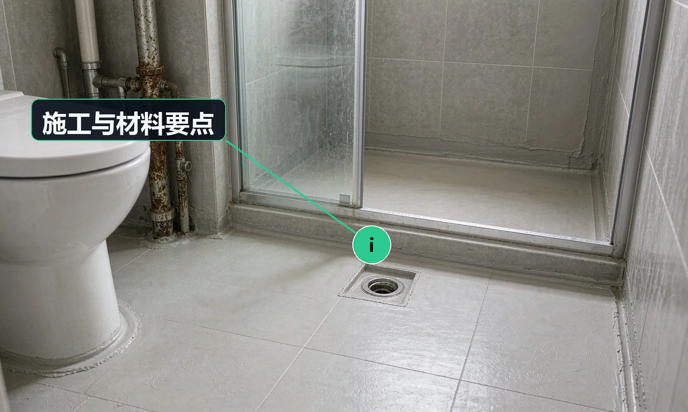 施工与材料要点:卫生间零星的核心只有两件事:防水 + 排水坡度,其余都是配角;老房的镀锌铁管基本都锈了,能换就顺手换掉,否则迟早再拆一次