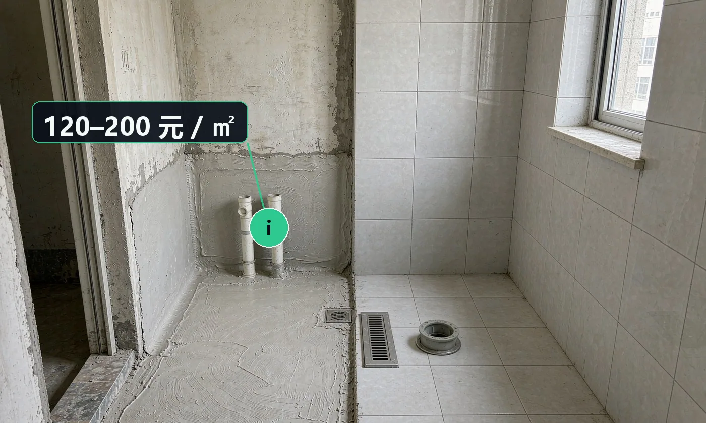 价格区间:防水重做 120–200 元 / ㎡(含闭水试验);墙地砖补换 200–400 元 / ㎡;地漏更换 150–400 元 / 处