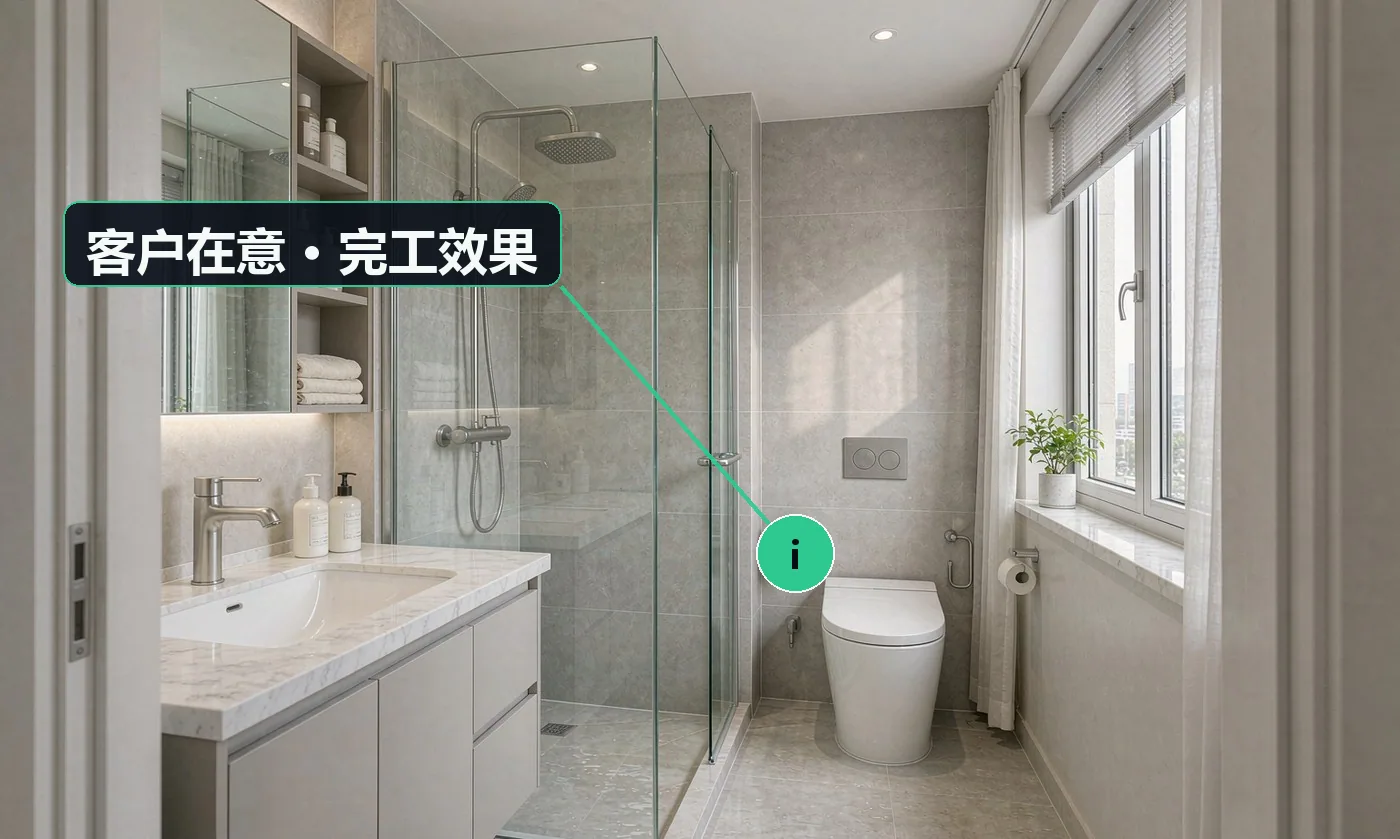 客户在意 · 完工效果:做完还漏不漏水,会不会又渗到楼下;几天能用,施工期间去哪里洗澡上厕所