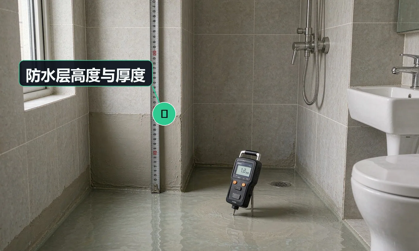 检查方式:卷尺(高度)+ 目视 / 测厚。合格标准:淋浴区墙面防水高度 ≥1800mm,一般区域上返 ≥300mm;涂膜连续无漏涂、厚度达标