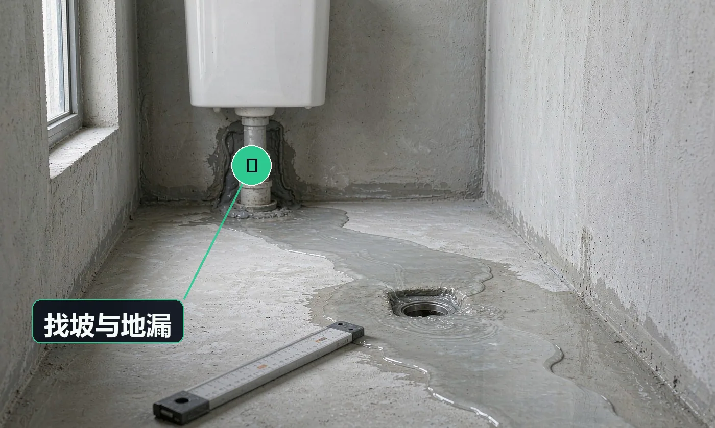检查方式:坡度尺 + 倒水测试。合格标准:坡向地漏、坡度符合要求,无积水;地漏与管口对中、密封良好、防臭有效