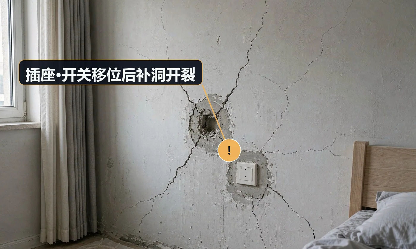 现象:封堵的旧点位或新开槽位置出现裂缝。原因:孔洞直接用腻子填平未做加固;砂浆与腻子收缩率不同
