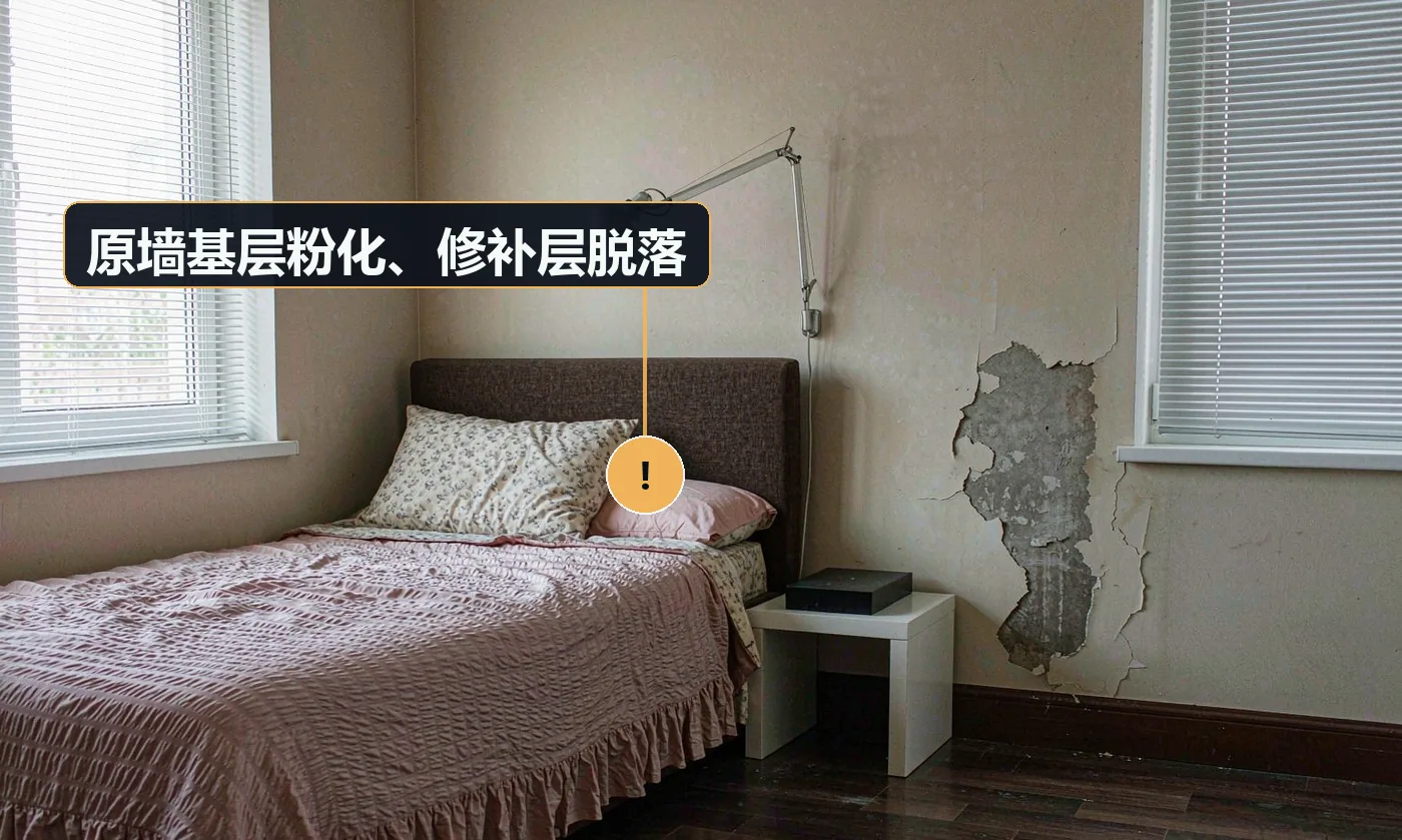 现象:修补层连带原墙皮一起掉下来。原因:原墙面基层强度不足(粉化、起砂、旧涂料附着力差);未做界面处理
