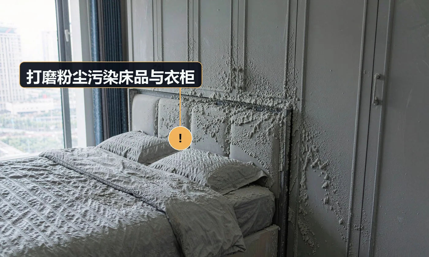 现象:打磨后床上、衣柜里的衣服全是白灰。原因:未覆盖家具与床品;未做区域隔离;未用带集尘的打磨机