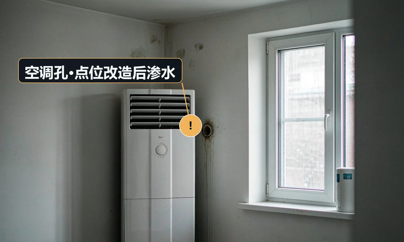 现象:空调孔周边墙面洇湿、发霉。原因:孔洞未做向内倾斜的坡度;孔周边未密封;冷凝水倒流