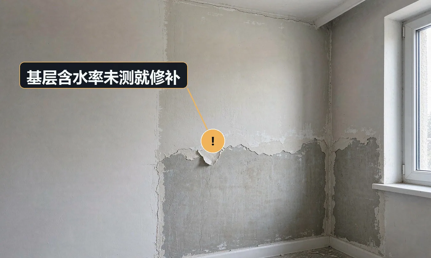 现象:修补后出现返潮、泛碱、起鼓。原因:墙体渗水或受潮未处理;未做含水率检测