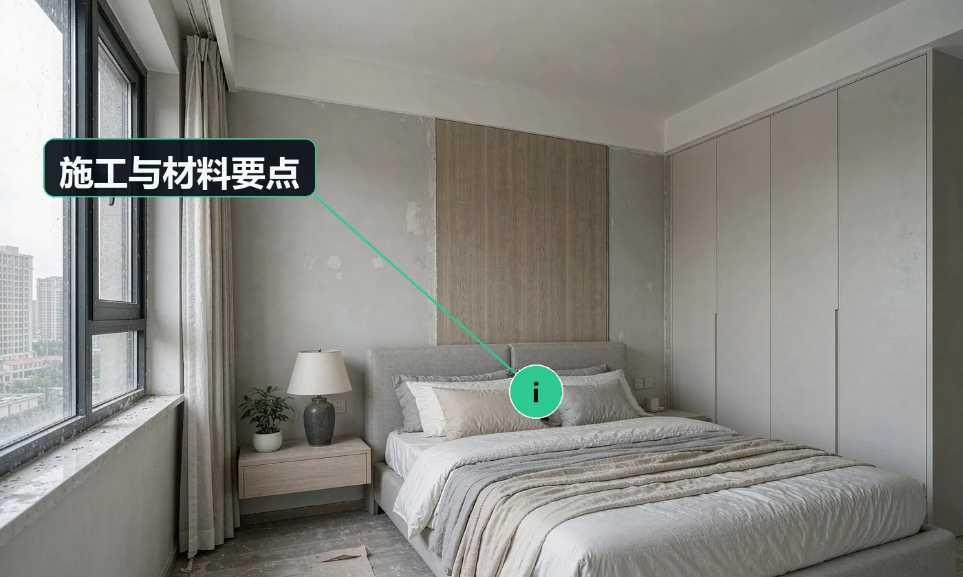 施工与材料要点:卧室零星多为「住着改」,洁净施工与作息协调比工艺本身更重要;补漆色差几乎无法完全避免,「整面墙刷」往往比「补一块」效果更好