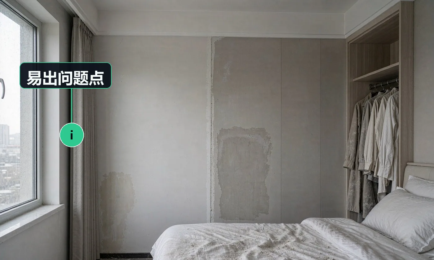 易出问题点:补漆色差明显,修补处比原来还显眼;粉尘飘到床品衣物上,客户体验极差