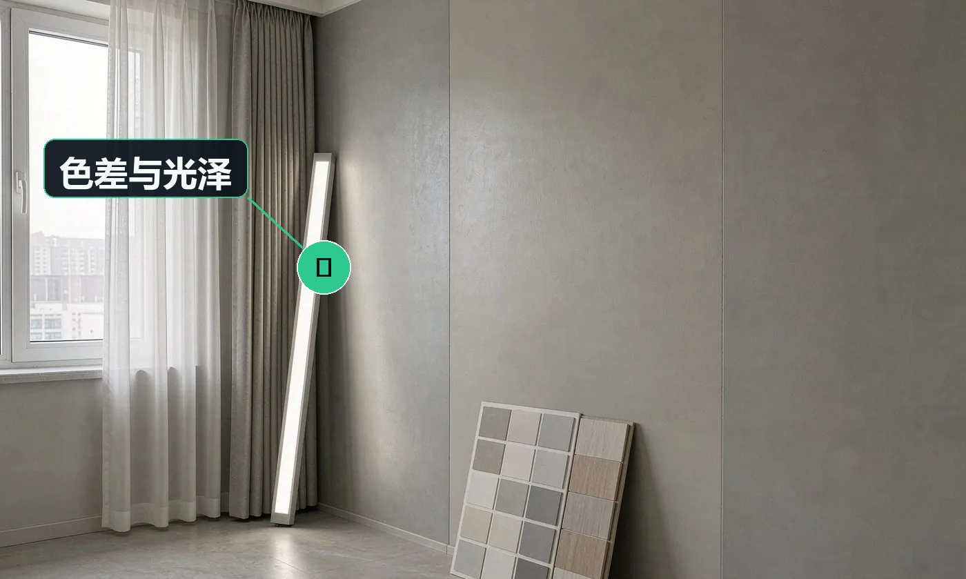 检查方式:自然光 + 侧光灯目视对比。合格标准:整面(或到自然分界处)过渡,肉眼无明显补丁界线