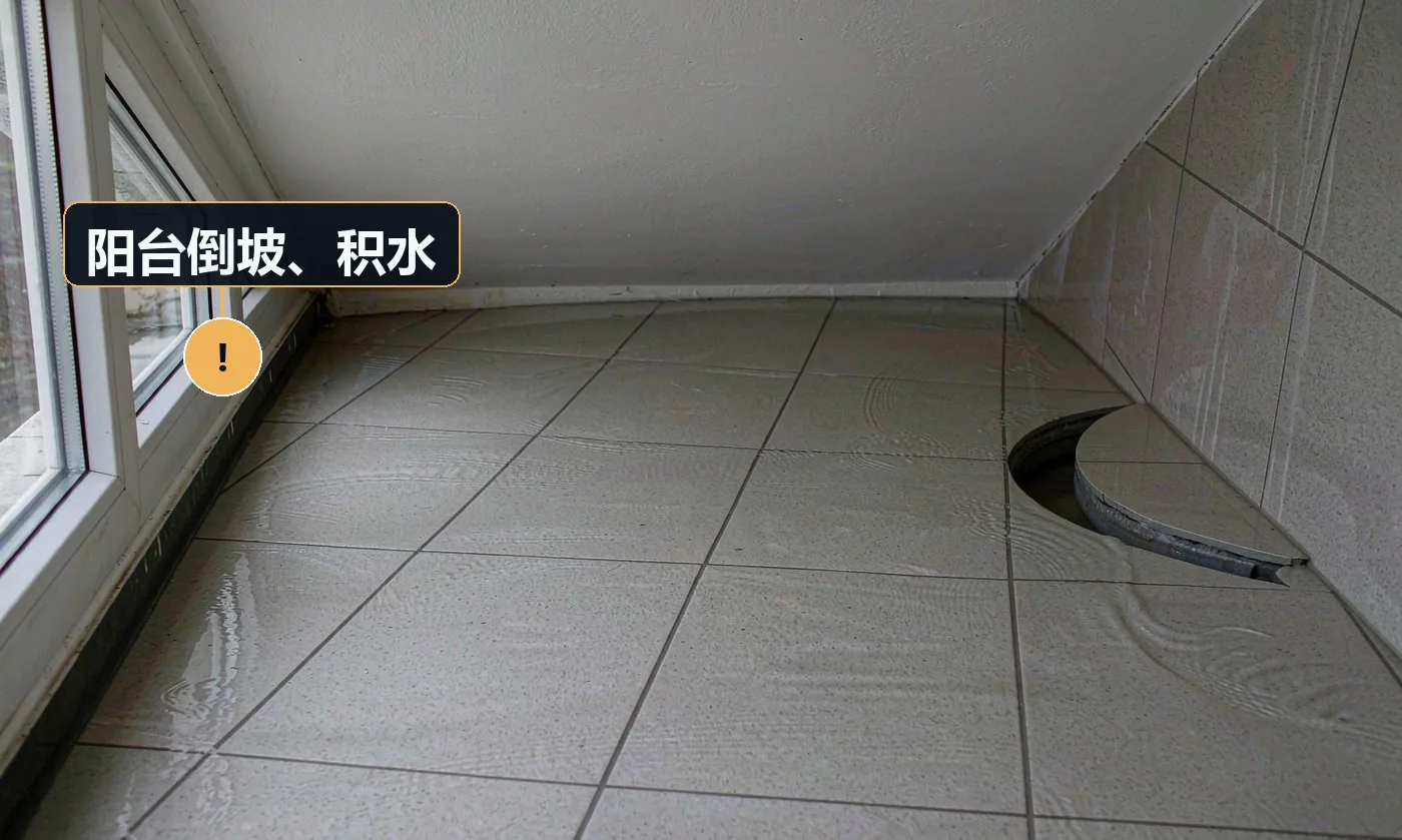 现象:雨后阳台积水不退,慢慢渗到室内。原因:找坡方向错误或坡度不足;地漏未设在最低点